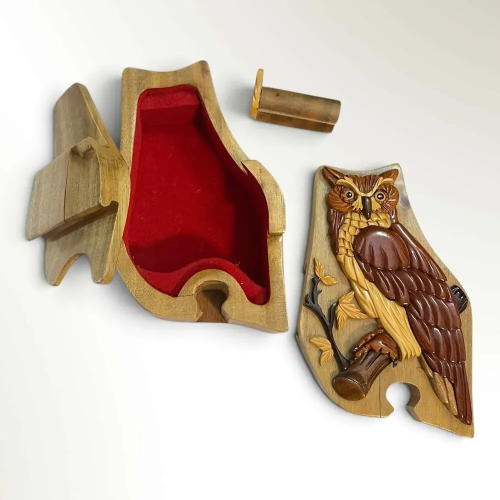 Handcrafted Wood Owl Secret Puzzle Jewelry/Trinket Box Red Velvet Lined